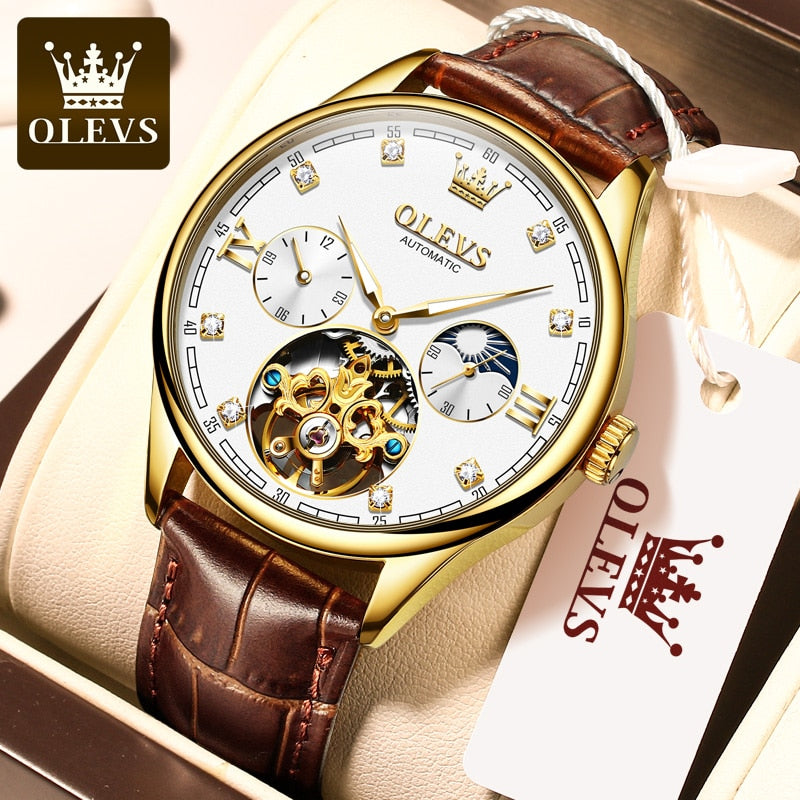 OLEVS Classic Men's Mechanical Watches Automatic Watch Tourbillon Clock Genuine Leather Waterproof Wristwatch