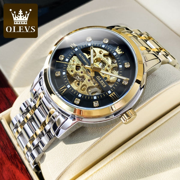 OLEVS Watch for Men Skeleton Luxury Waterproof Luminous Stainless Steel Automatic Mechanical Watch Male Wrist Watch