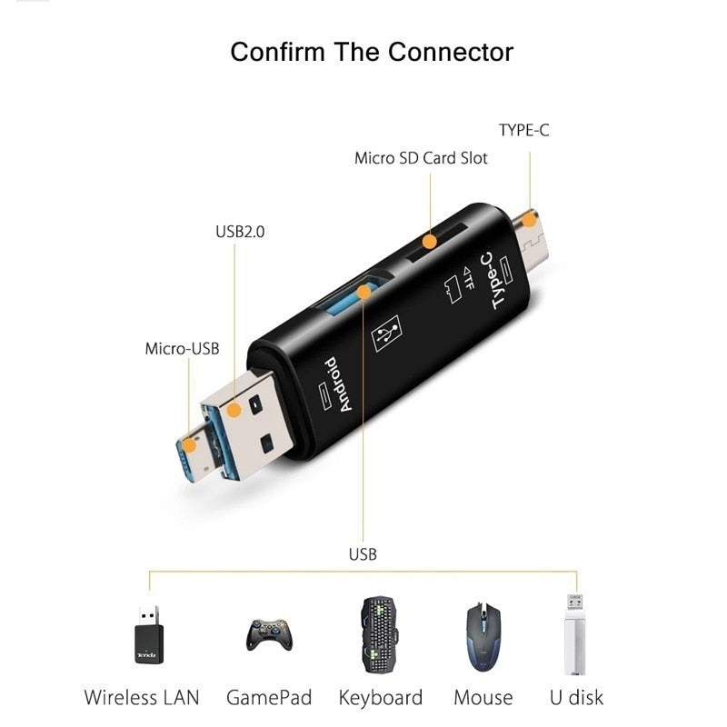 5 in 1, Multifunctional USB Type C/USB/Micro USB/TF/SD Card Reader Memory - Findsbyjune.com