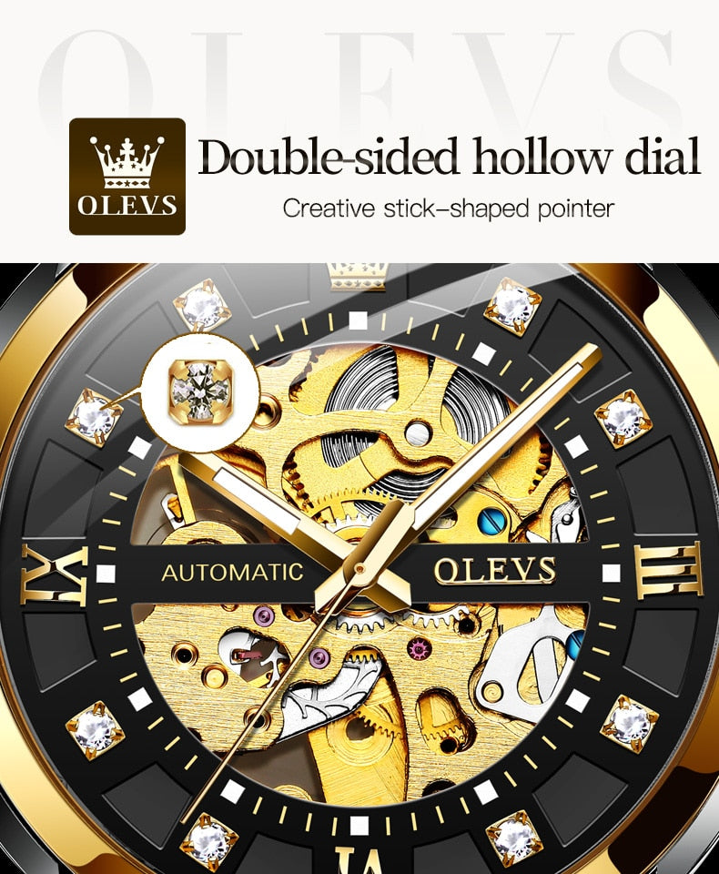 OLEVS Watch for Men Skeleton Luxury Waterproof Luminous Stainless Steel Automatic Mechanical Watch Male Wrist Watch