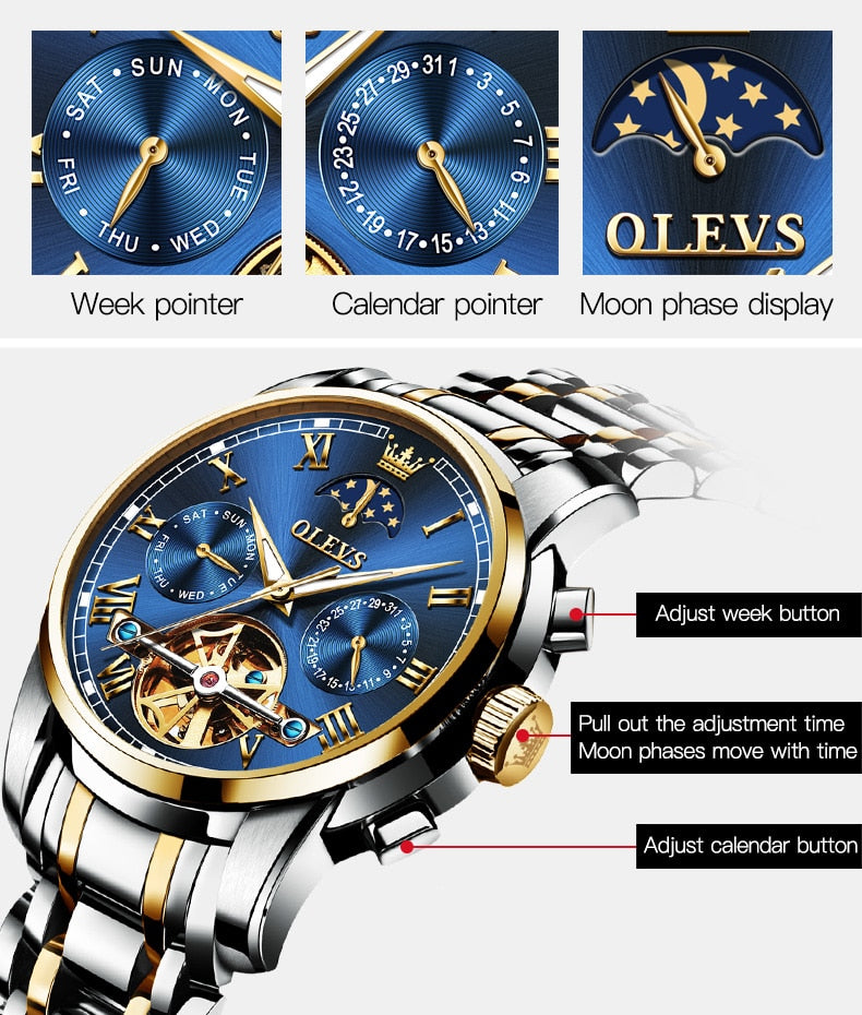 OLEVS Men's Watch Automatic Mechanical Watch Stainless Top Brand Luxury Moon phase SkeletonTourbillon Wristwatch