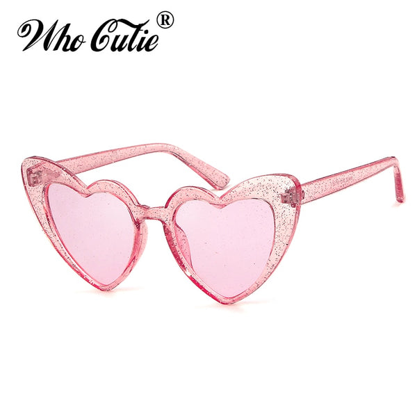 WHO CUTIE Women Sunglasses Vintage Brand Designer Red Heart Shape Pink Glitter Lens Funny Sun Glasses Girls Party Festival OM863