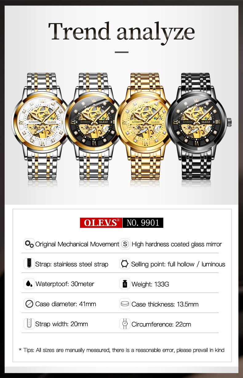 OLEVS Watch for Men Skeleton Luxury Waterproof Luminous Stainless Steel Automatic Mechanical Watch Male Wrist Watch