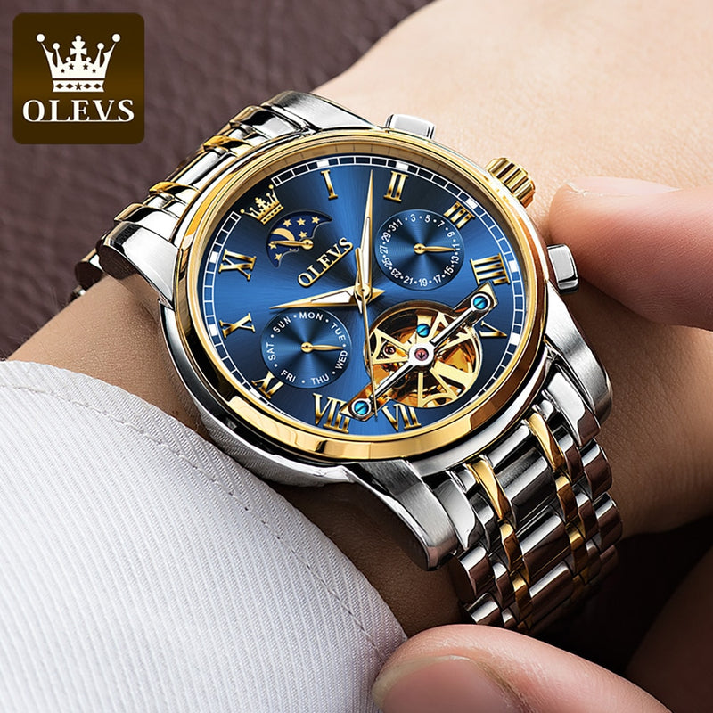 OLEVS Men's Watch Automatic Mechanical Watch Stainless Top Brand Luxury Moon phase SkeletonTourbillon Wristwatch