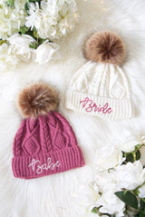 Babe and Bride Knitted Pom Pom Beanies Winter Cold Season Ladies Women's Pink White