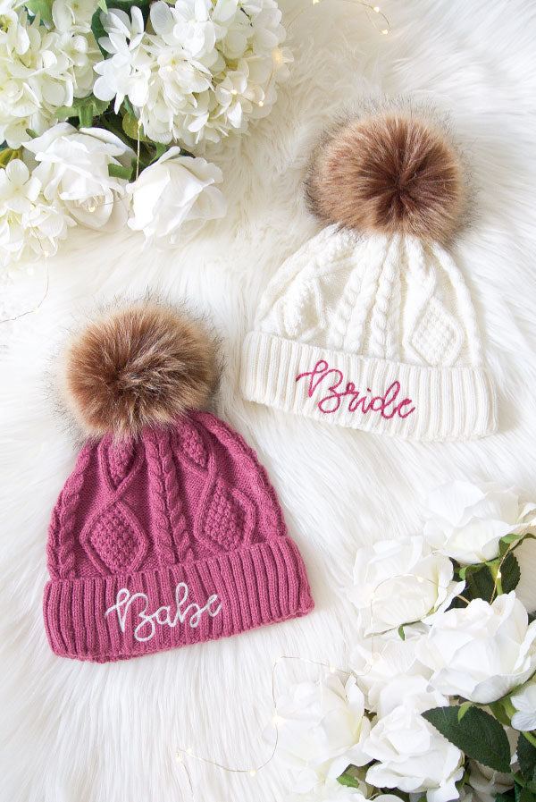 Babe and Bride Knitted Pom Pom Beanies Winter Cold Season Ladies Women's Pink White