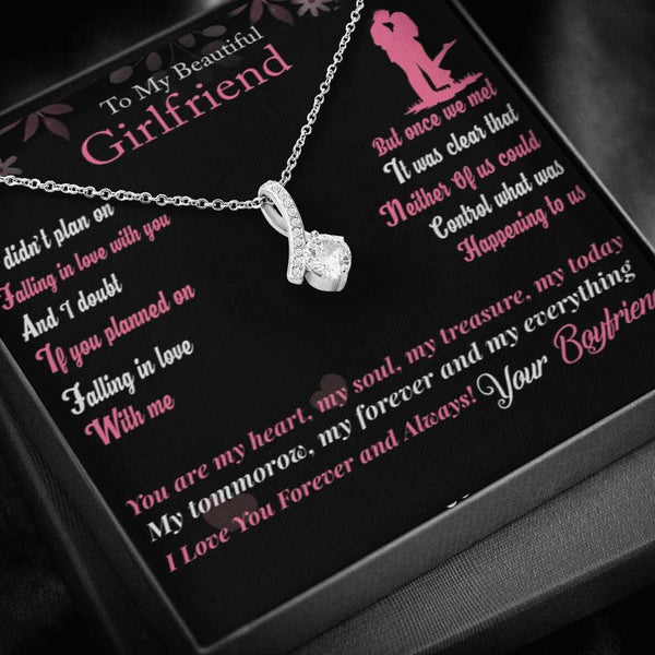 CARD#8- " To My Girlfriend " 18K White Gold Plated Ribbon Love Necklace made with Crystals