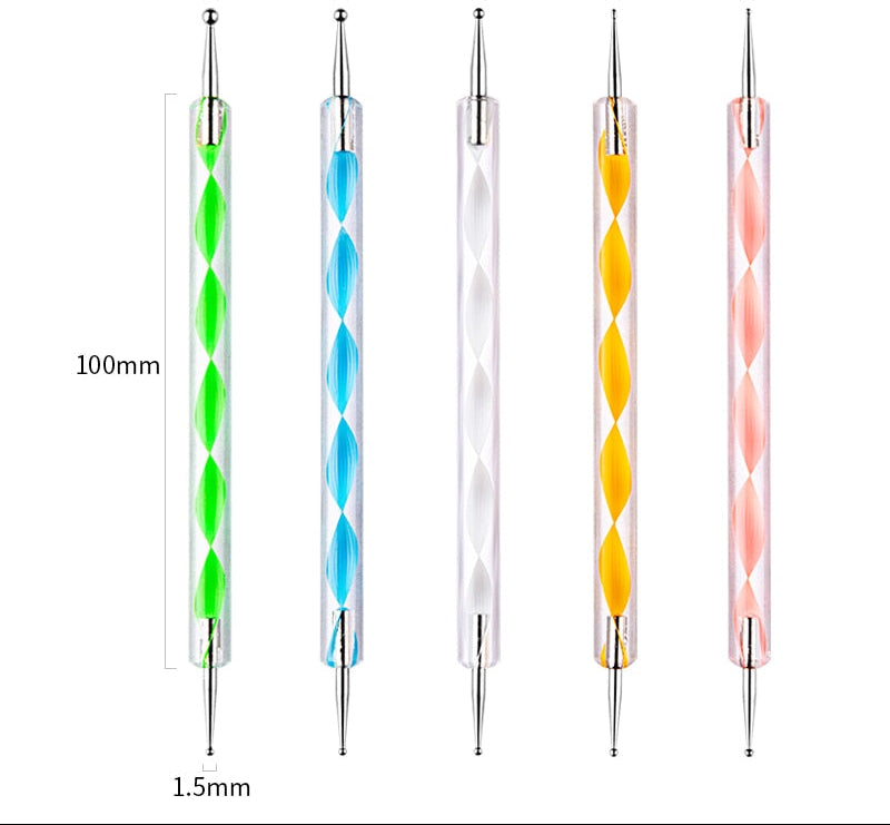 5Pcs Set UV Gel Painting Nail Art Dotting Pen Acrylic Handle Rhinestone Crystal 2 Way Brush Salon Decoration Manicure Tools Kit