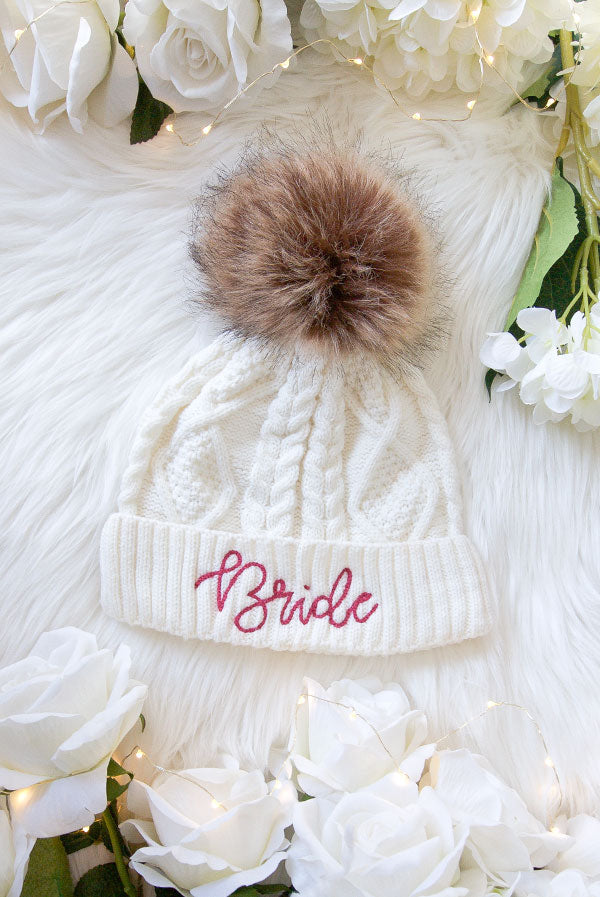 Babe and Bride Knitted Pom Pom Beanies Winter Cold Season Ladies Women's Pink White