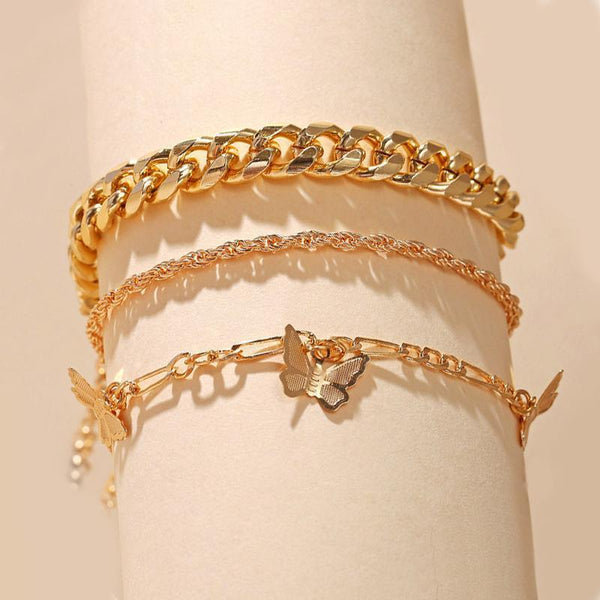 3 Piece Chain and Butterfly Bracelet Set 18K Gold Plated Bracelet ITALY Made