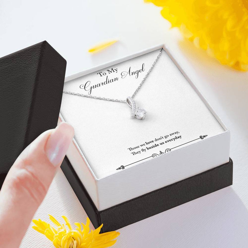 CARD#61- To My Guardian Angel " 18K White Gold Plated Ribbon Love Necklace made with Crystals