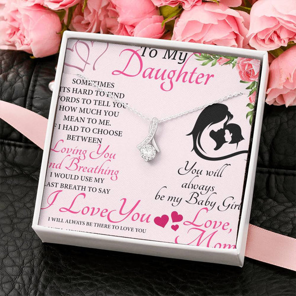 CARD#9-To My Daughter 18K White Gold Plated Ribbon Love Necklace made with  Crystals