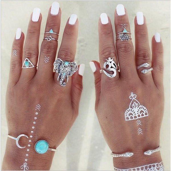 3pcs Bohemian Elephant Ring Set - Silver