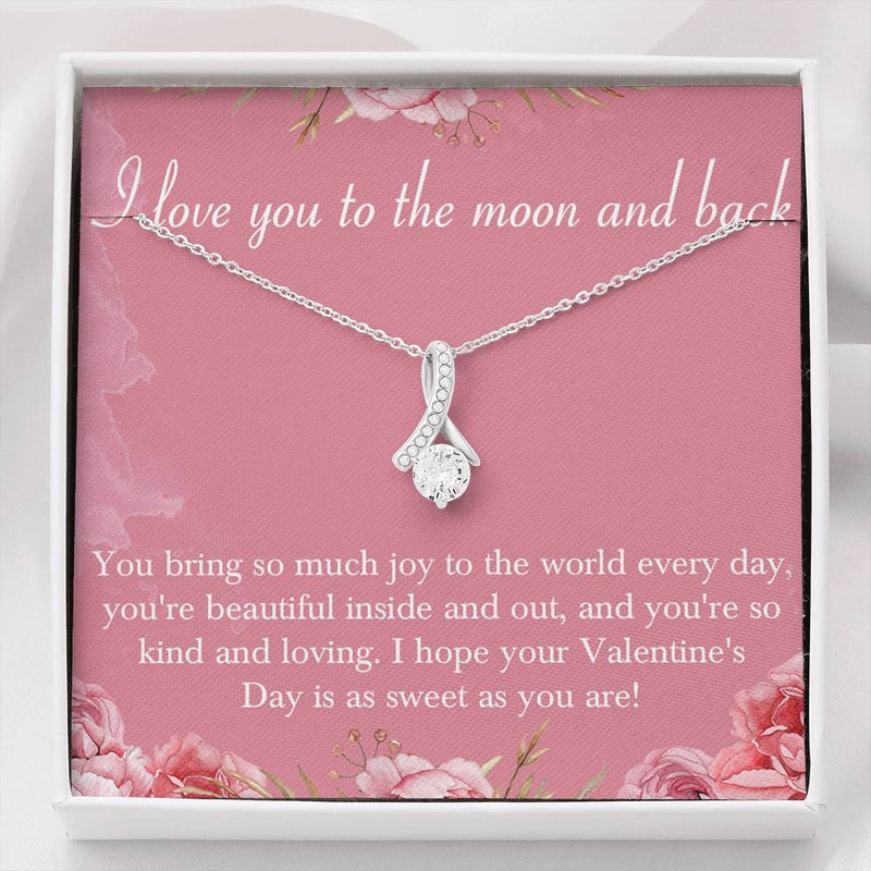 CARD#6-" I Love You To The Moon and Back " 18K White Gold Plated Ribbon Love Necklace made with Crystals