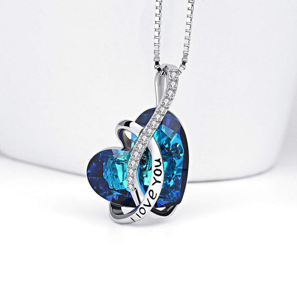 " I LOVE YOU " Blue Austrian Crystal Heart Necklace in 18K White Gold Plated ITALY Made