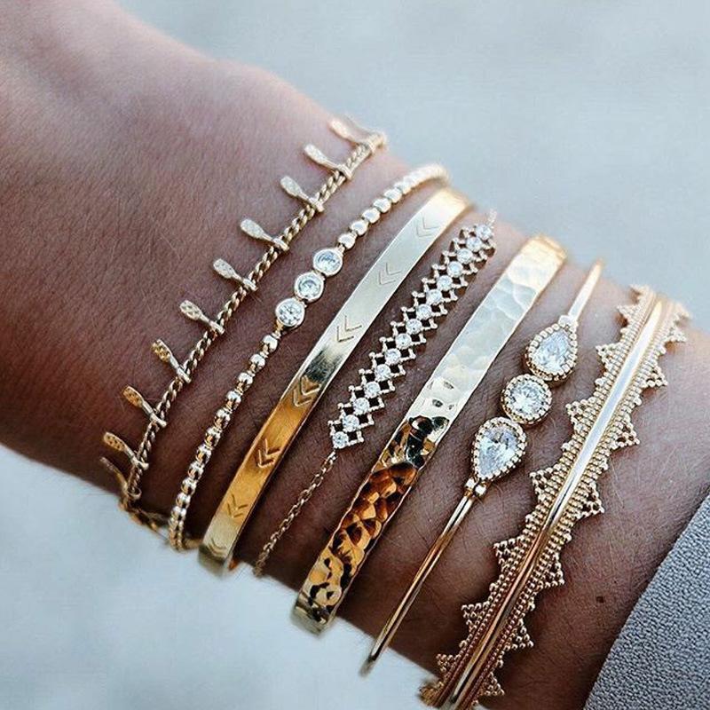 7 Piece Geometric Bangle Set With Austrian Crystals 18K Gold Plated Bracelet