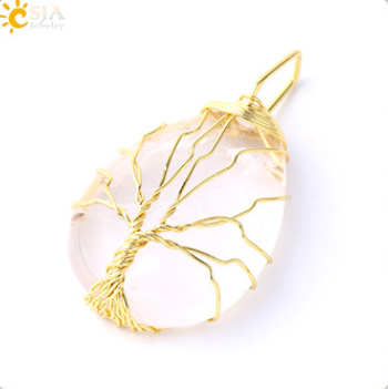 3pcs CSJA Gold Color Tree of Life Wire Wrap Water Drop Pendant Reiki Natural Gem Stone