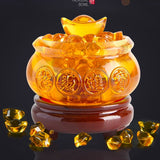 Yellow Crystal Glaze Chinese Fengshui Dragon Treasure Bowl Statue