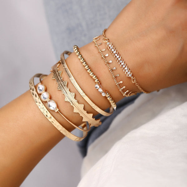 7 Piece Geometric Bangle Set With Austrian Crystals 18K Gold Plated Bracelet