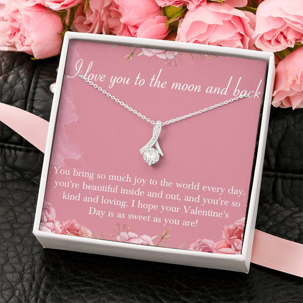 CARD#6-" I Love You To The Moon and Back " 18K White Gold Plated Ribbon Love Necklace made with Crystals