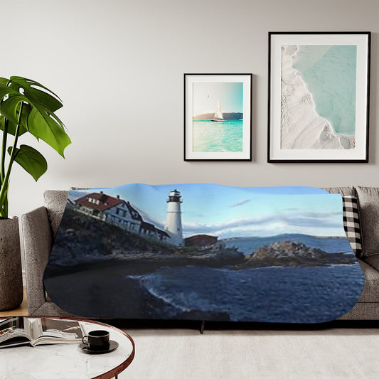 Lighthouse by the Sea view Sherpa Blanket, Two Colors beach Birthday gift Holiday gifts Christmas