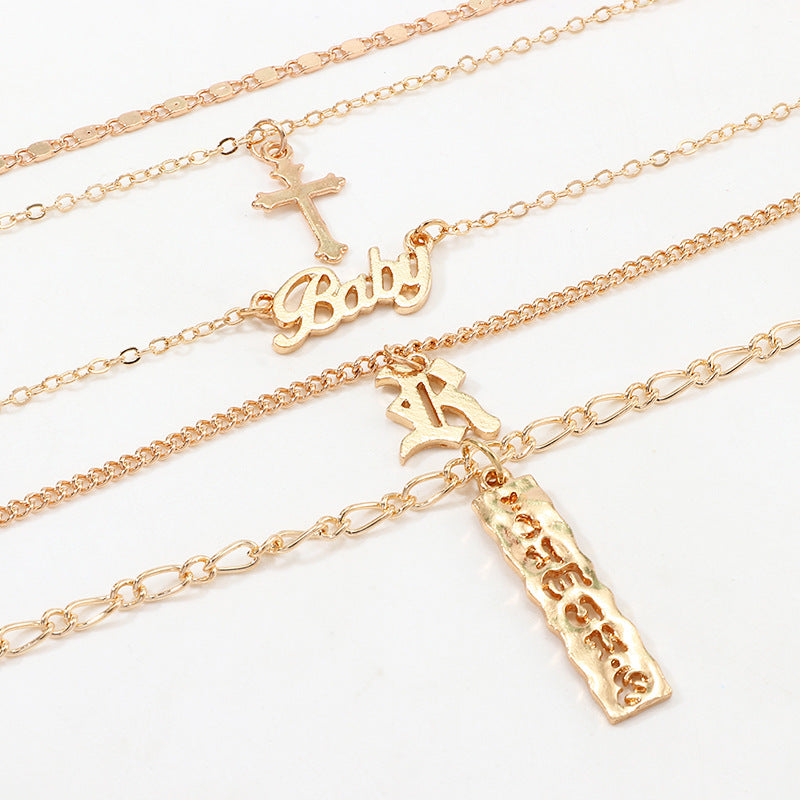 Baby Cross 5 Piece Layered Necklace Set in 18K Gold Plated