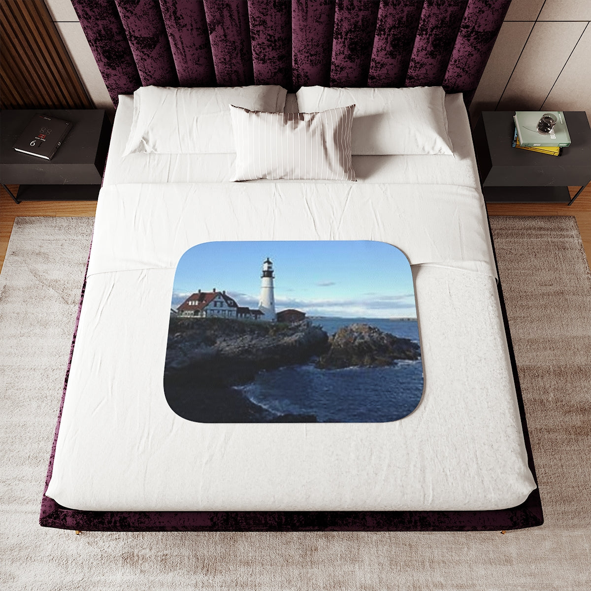 Lighthouse by the Sea view Sherpa Blanket, Two Colors beach Birthday gift Holiday gifts Christmas