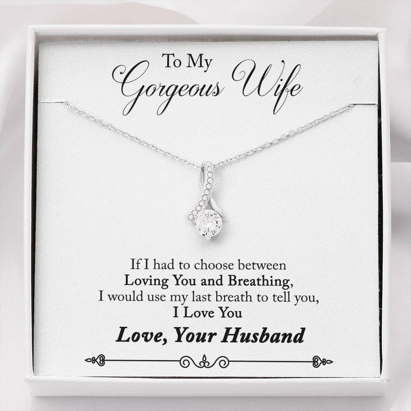 CARD#01- " To My Gorgeous Wife from Husband " 18K White Gold Plated Ribbon Love Necklace made with Crystals