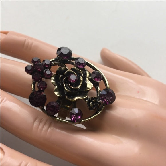 Brand-new big chunky adjustable statement ring 💍 woman's fashion jewelry. 💎 pretty purple gemstone rose 🌹 flower 🌺 design - Findsbyjune.com