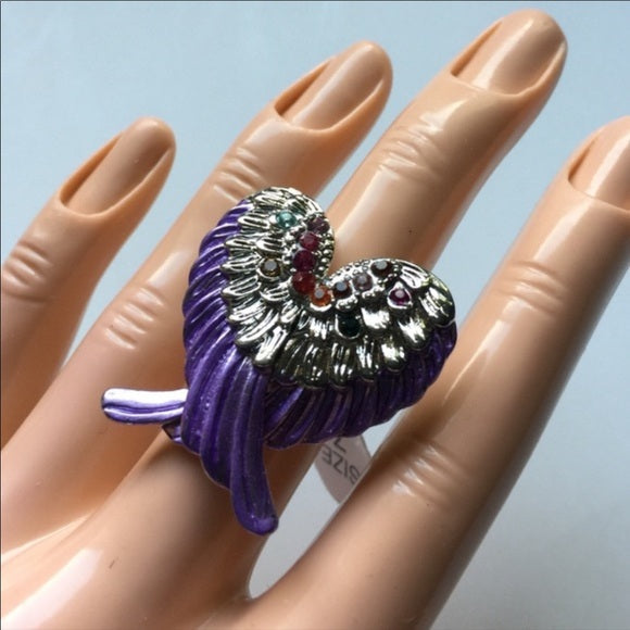 BRAND NEW BIG CHUNKY STATEMENT ADJUSTABLE RING💍. Fashion Jewelry Women's Beautiful purple Angel 😇 Wing design with gemstones 💎 - Findsbyjune.com