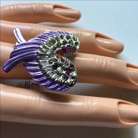 BRAND NEW BIG CHUNKY STATEMENT ADJUSTABLE RING💍. Fashion Jewelry Women's Beautiful purple Angel 😇 Wing design with gemstones 💎 - Findsbyjune.com