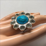 Brand-new big chunky adjustable statement ring 💍 fashion jewelry. 💎 This has a blue round gem stone design in the middle with rhinestones around it. - Findsbyjune.com