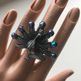 Brand-new big chunky adjustable ring 💍 for woman & Ladies. fashion jewelry. 💎 pretty peacock design with rhinestones. - Findsbyjune.com